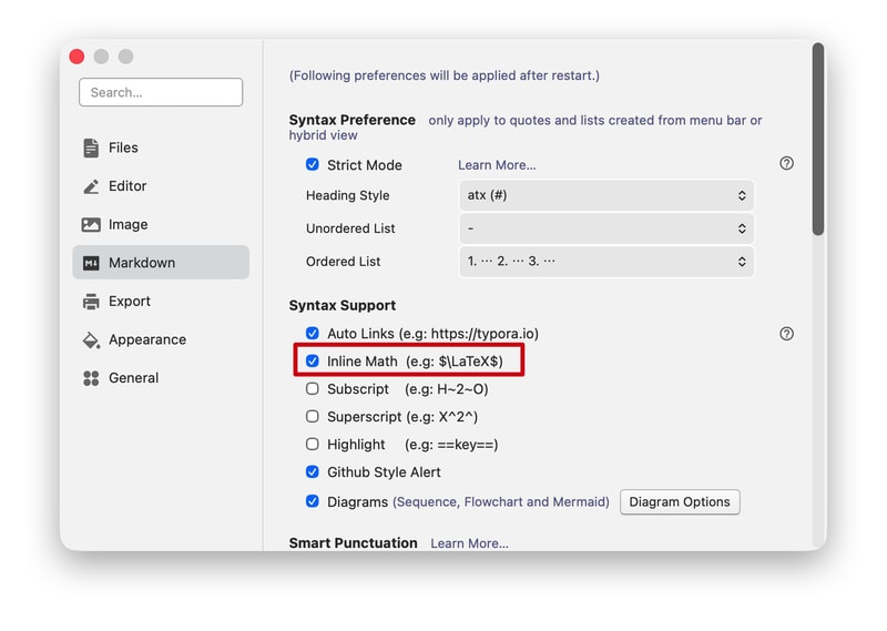 Typora inline math setting
